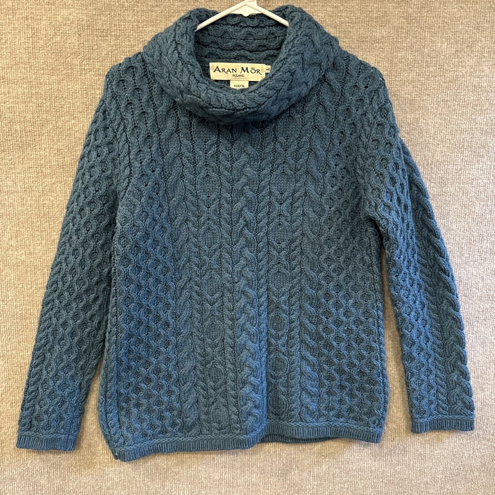 Aran Mor Chunky Cowl Neck Sweater 100% Merino Wool Made In Ireland Lrg Dark Teal